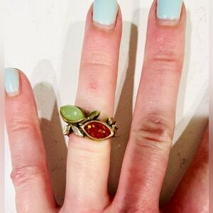 Vintage 925 Sterling Baltic Amber & Jade Cabochon Bypass Ring Size 5.75